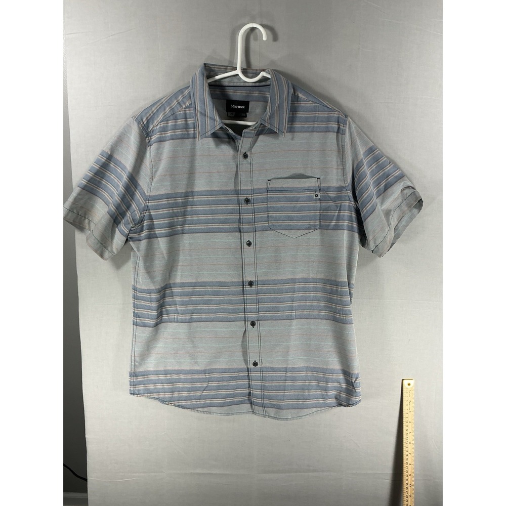 Marmot‎ Button Up Shirt Mens L Blue Stripes Short Sleeve